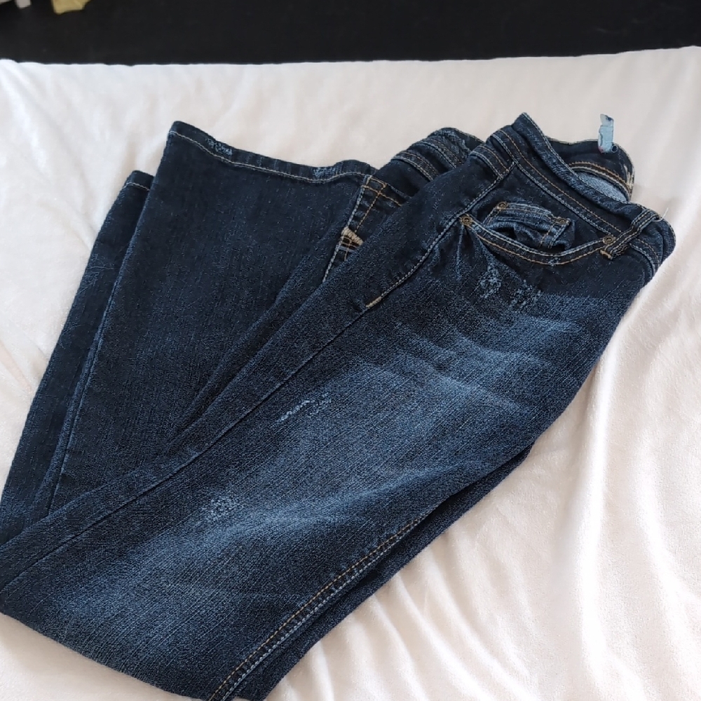 Y2K Juniors Size 7 Wallflower Dark Wash Distressed Bootcut Jean